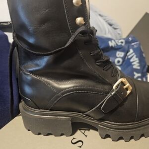 Black Leather Combat Boots with Gold Buckle